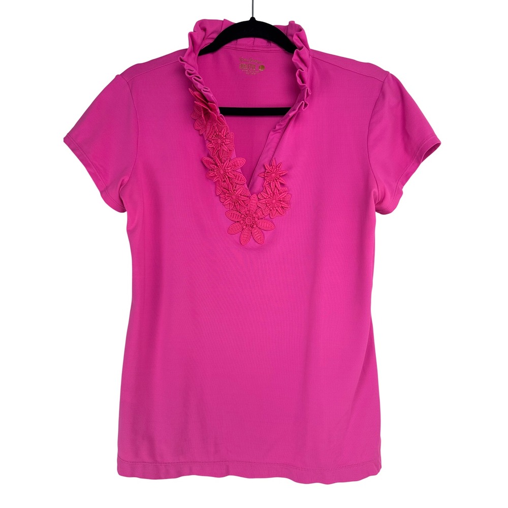 Lilly Pulitzer Luxletic Pink Ruffle Neck Floral Applique Polo Shirt Large Preppy